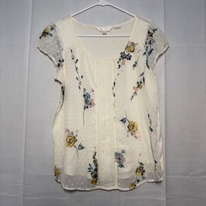 LC Lauren Conrad Floral Swiss Dot Blouse Small Ivory‎ Cap Sleeve Mixed Media Top